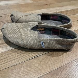 Toms Shoes Womens 7 Tan Natural Burlap Alpargata Plaid Tweed Slip On Flats